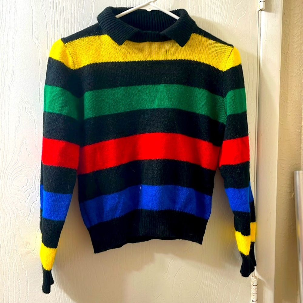 Jump Striped Collared Sweater, Size Small, Black/Multicolor